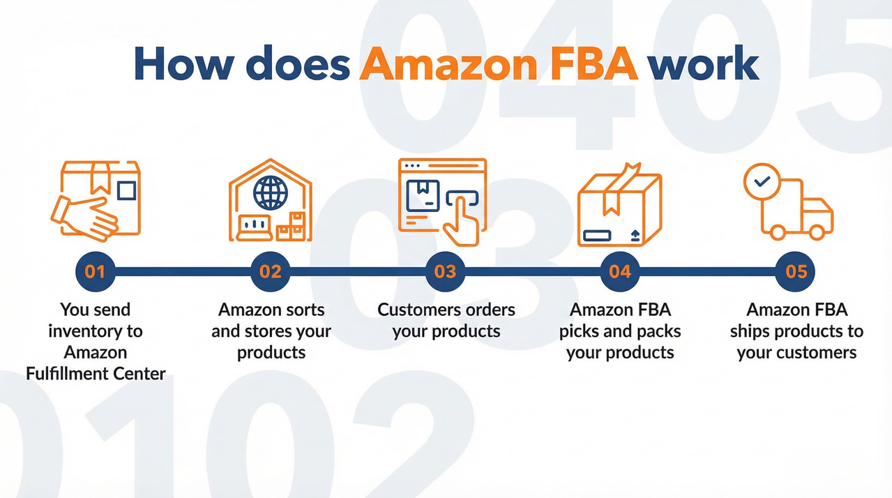 How Does Amazon FBA Work - Complete workflow diagram from sourcing to customer delivery